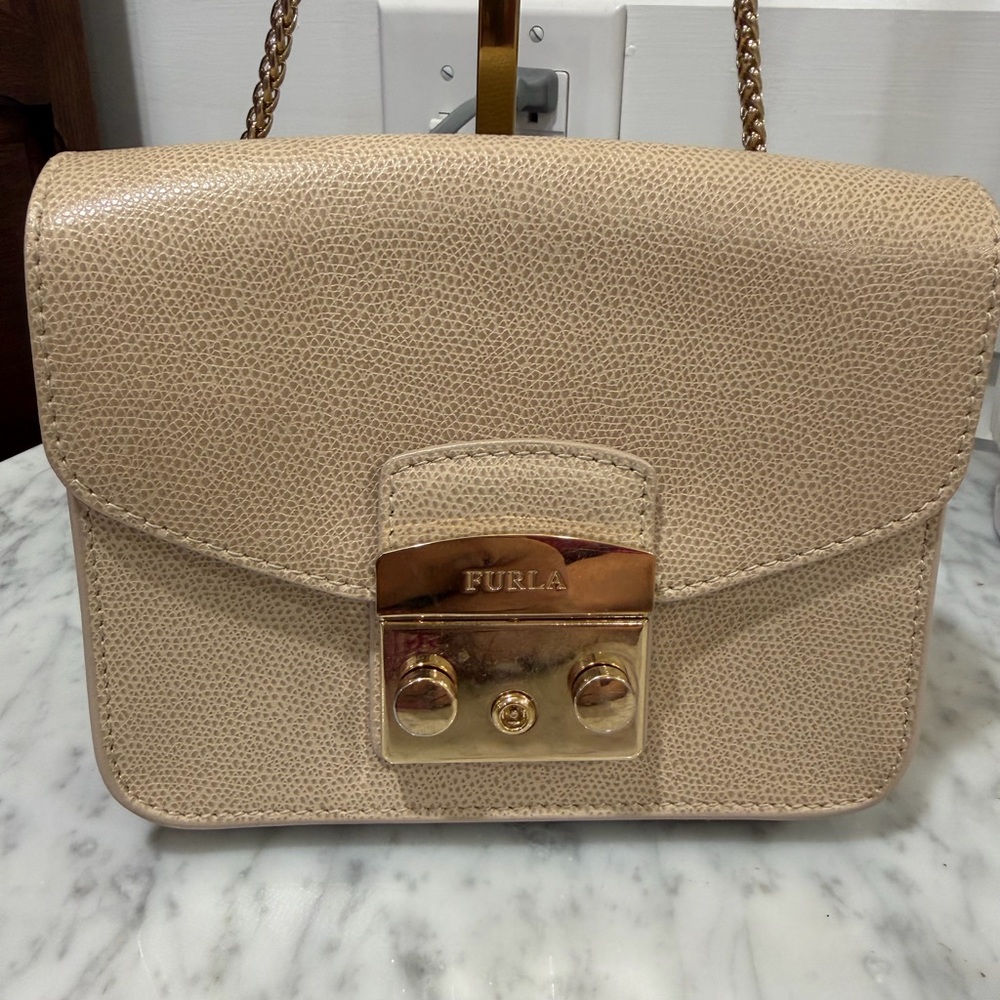 Furla Beige Textured Leather Crossbody with Gold Hardware